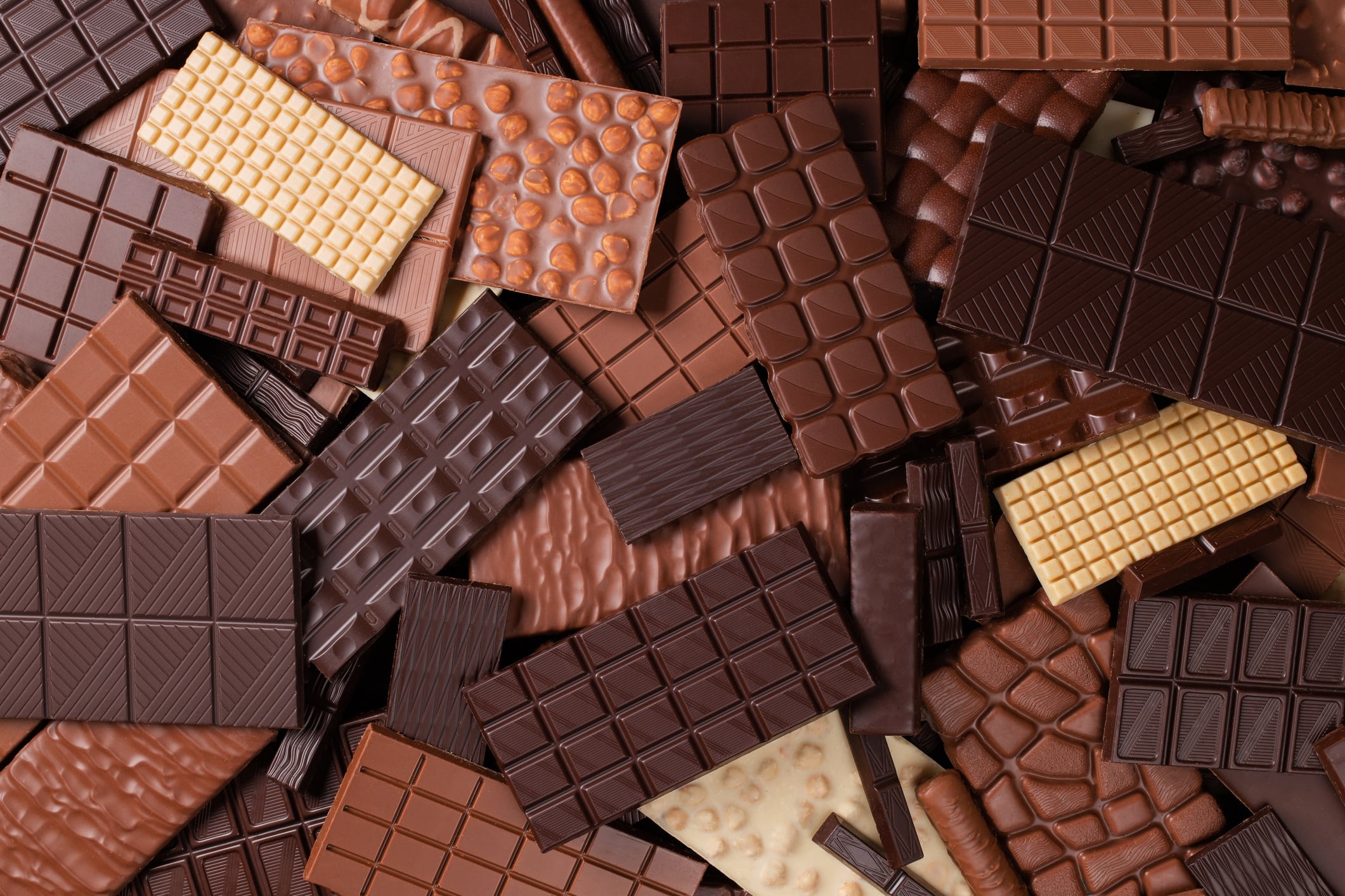 Pile of white, milk, and dark chocolate bars.